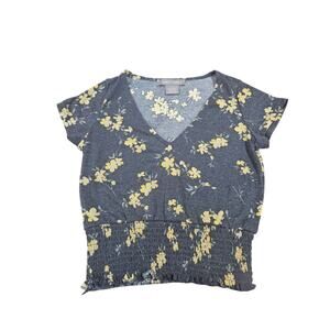 Y2K Babydoll Floral Shirt Top Dark Floral S Smocked Hem Lark + Grey Cap Sleeve